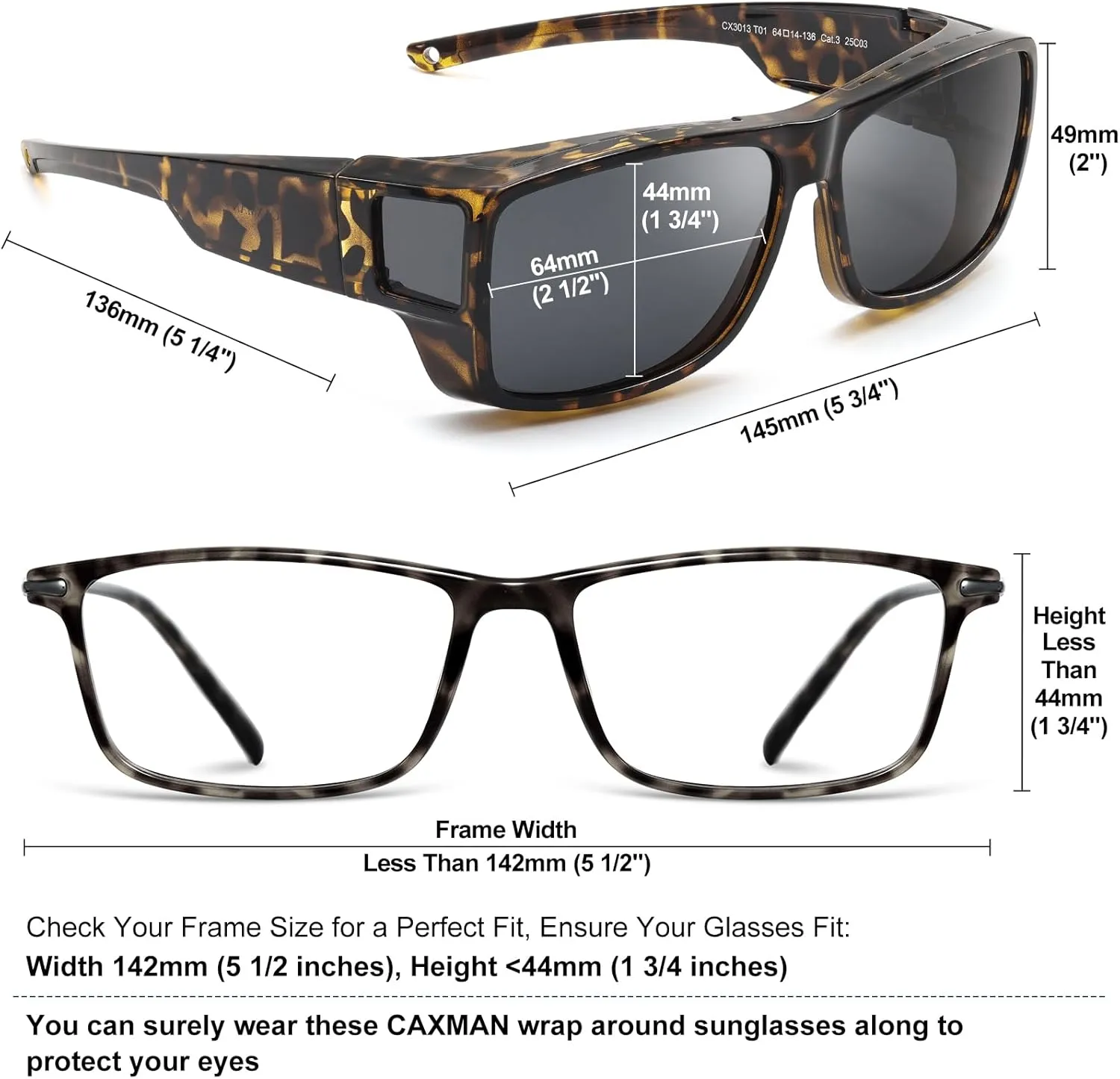 CAXMAN Fit Over Glasses Sunglasses Polarized Wrap Around Sunglasses with Side Window Shields for Full Protection