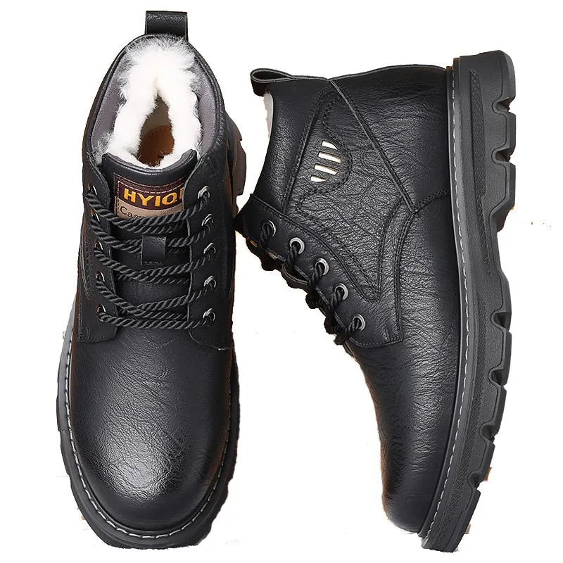 Hnzxzm Man's Genuine Leather Boots Winter Snow Shoes Wool Inner Anti slip Father Ankle Boots Waterproof Man Snow Boots