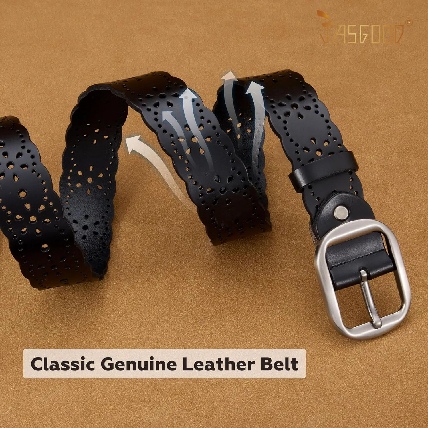 JASGOOD Women's Hollow Flower Genuine Leather Belt for Jeans Pants Wide Belt for Ladies