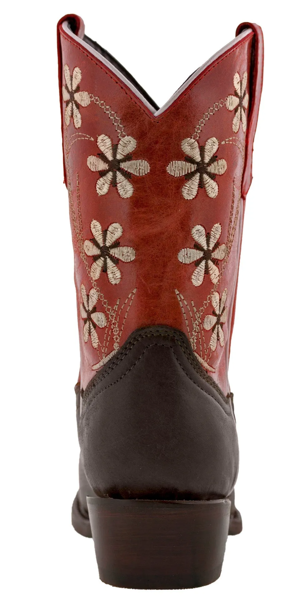 Kids Red & Dark Brown Western Cowboy Boots Floral Leather - Snip Toe