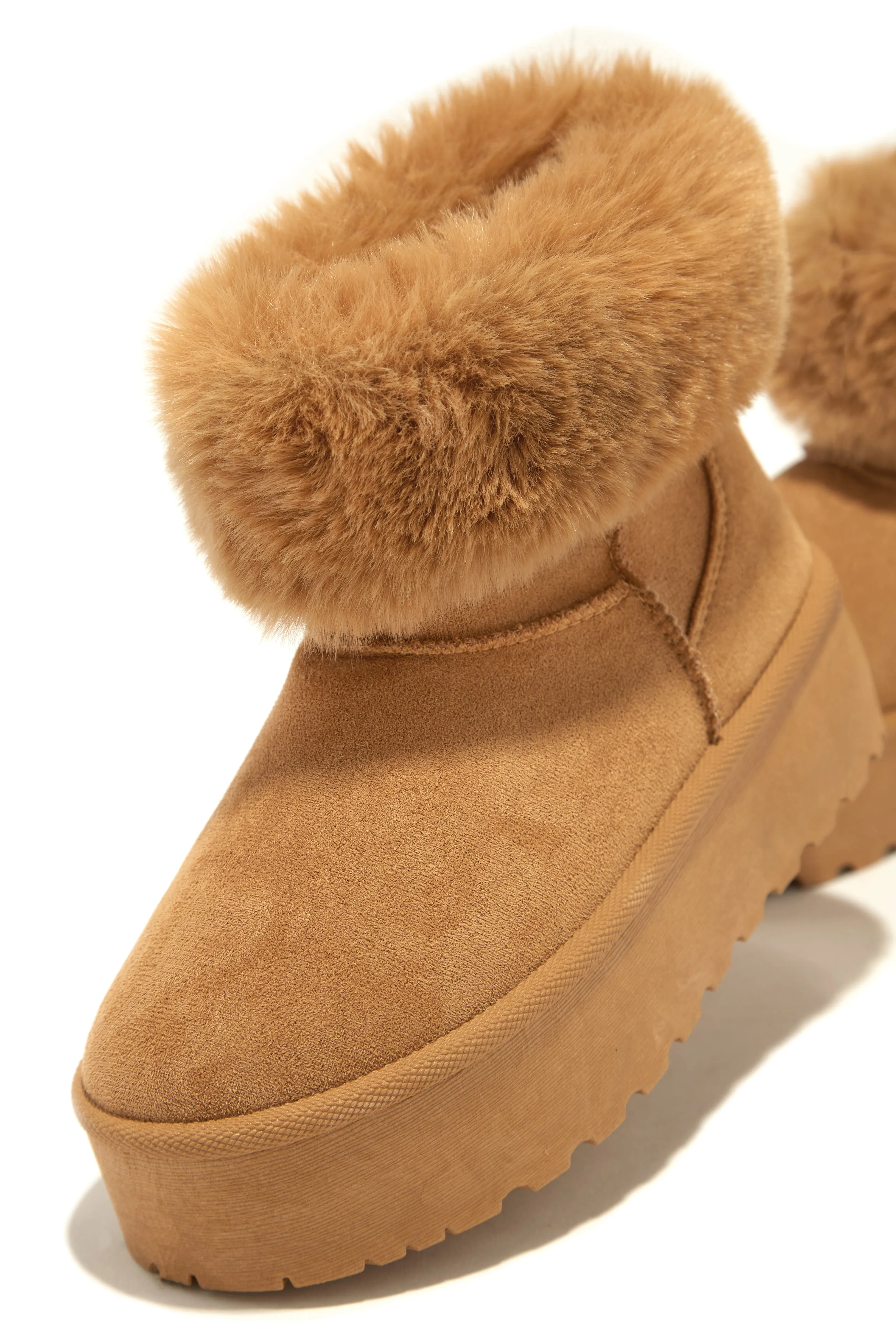 Morning Coffee Faux Fur Platform Booties - Camel