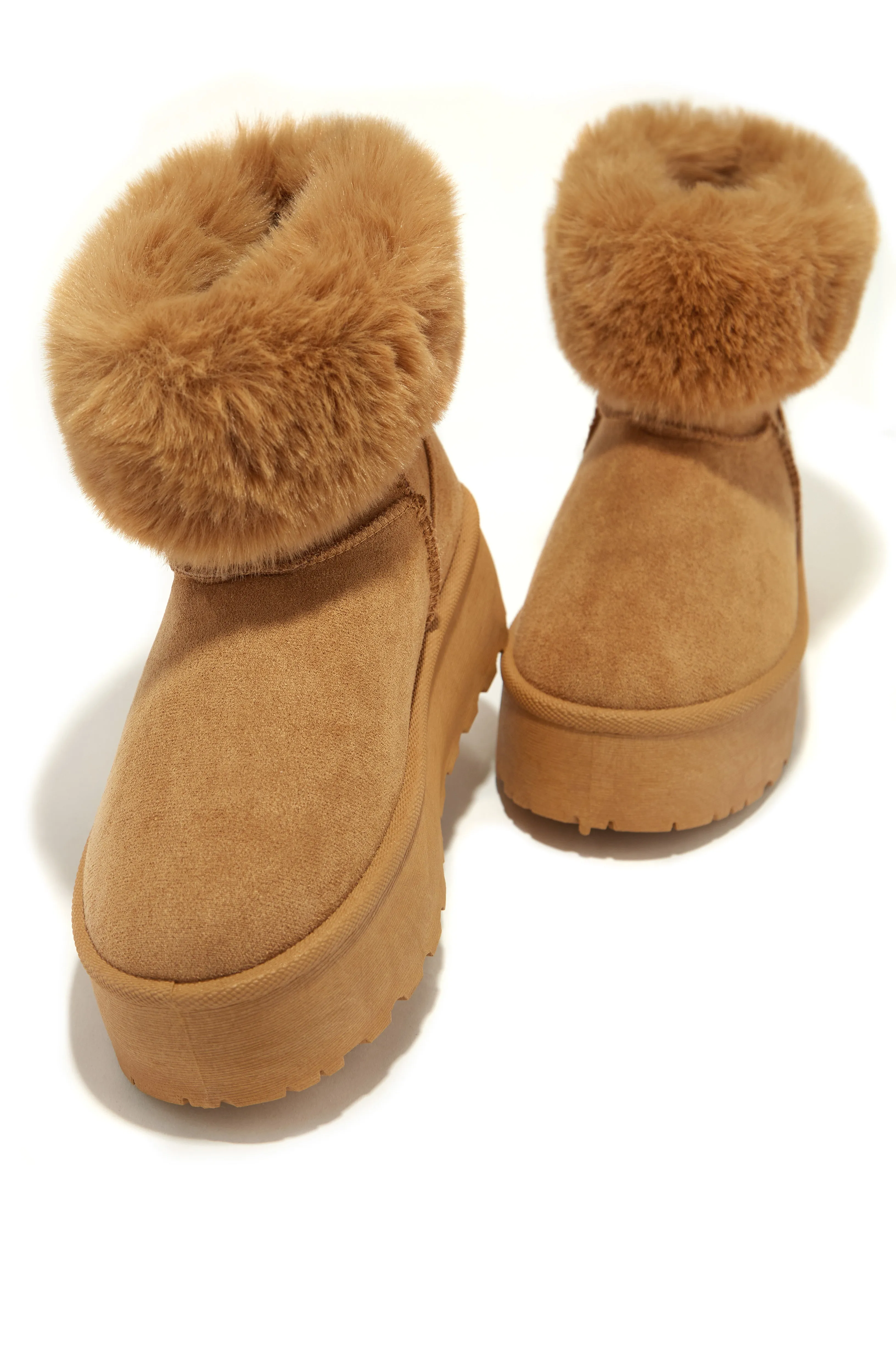 Morning Coffee Faux Fur Platform Booties - Camel
