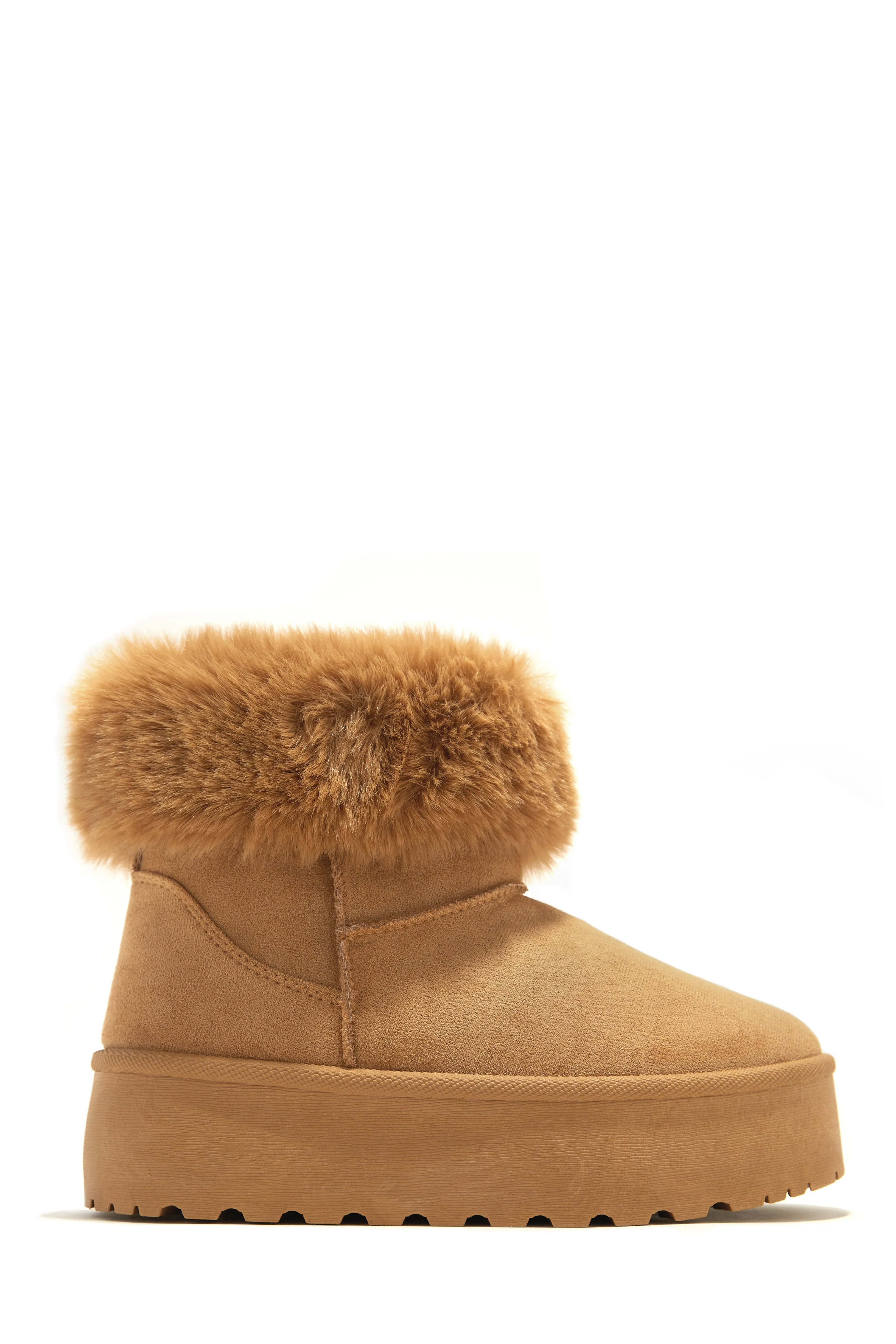 Morning Coffee Faux Fur Platform Booties - Camel