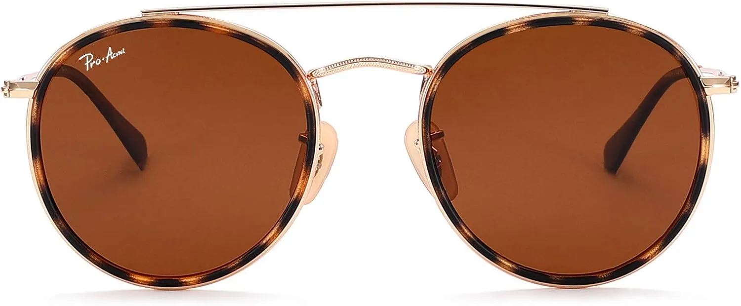 Pro Acme Double Bridge Round Sunglasses for Women Men 100% Real Glass Lens Retro UV400 Protection Retro Circle Sun Glasses