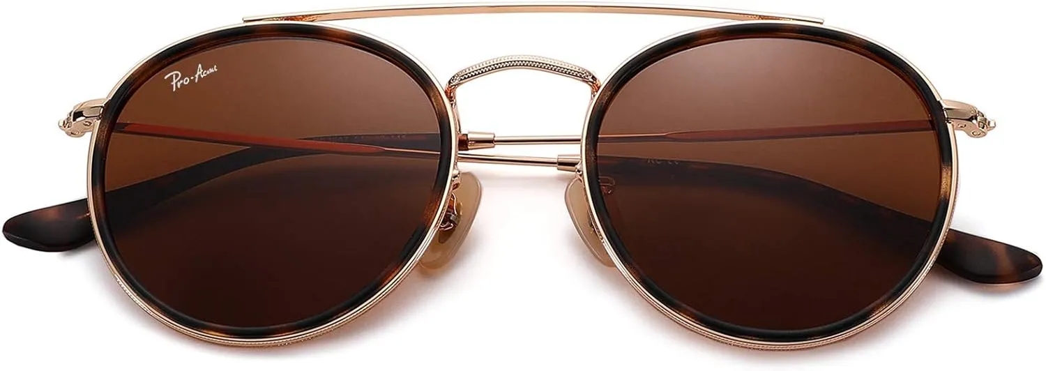 Pro Acme Double Bridge Round Sunglasses for Women Men 100% Real Glass Lens Retro UV400 Protection Retro Circle Sun Glasses