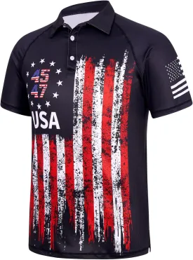 RAISEVERN Mens American Flag Print Golf Polo Shirt Patriotic Raglan Sleeve Tees