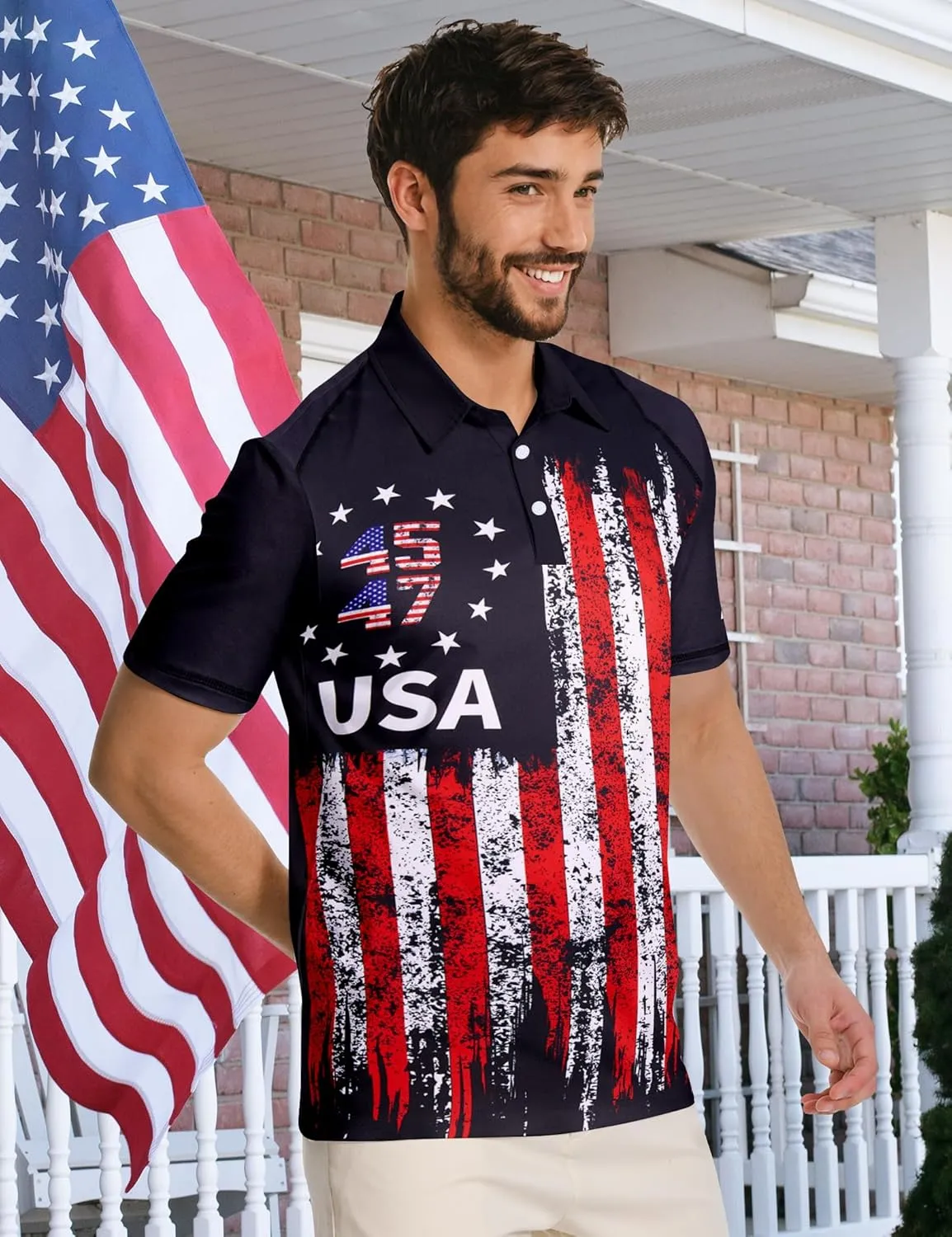 RAISEVERN Mens American Flag Print Golf Polo Shirt Patriotic Raglan Sleeve Tees