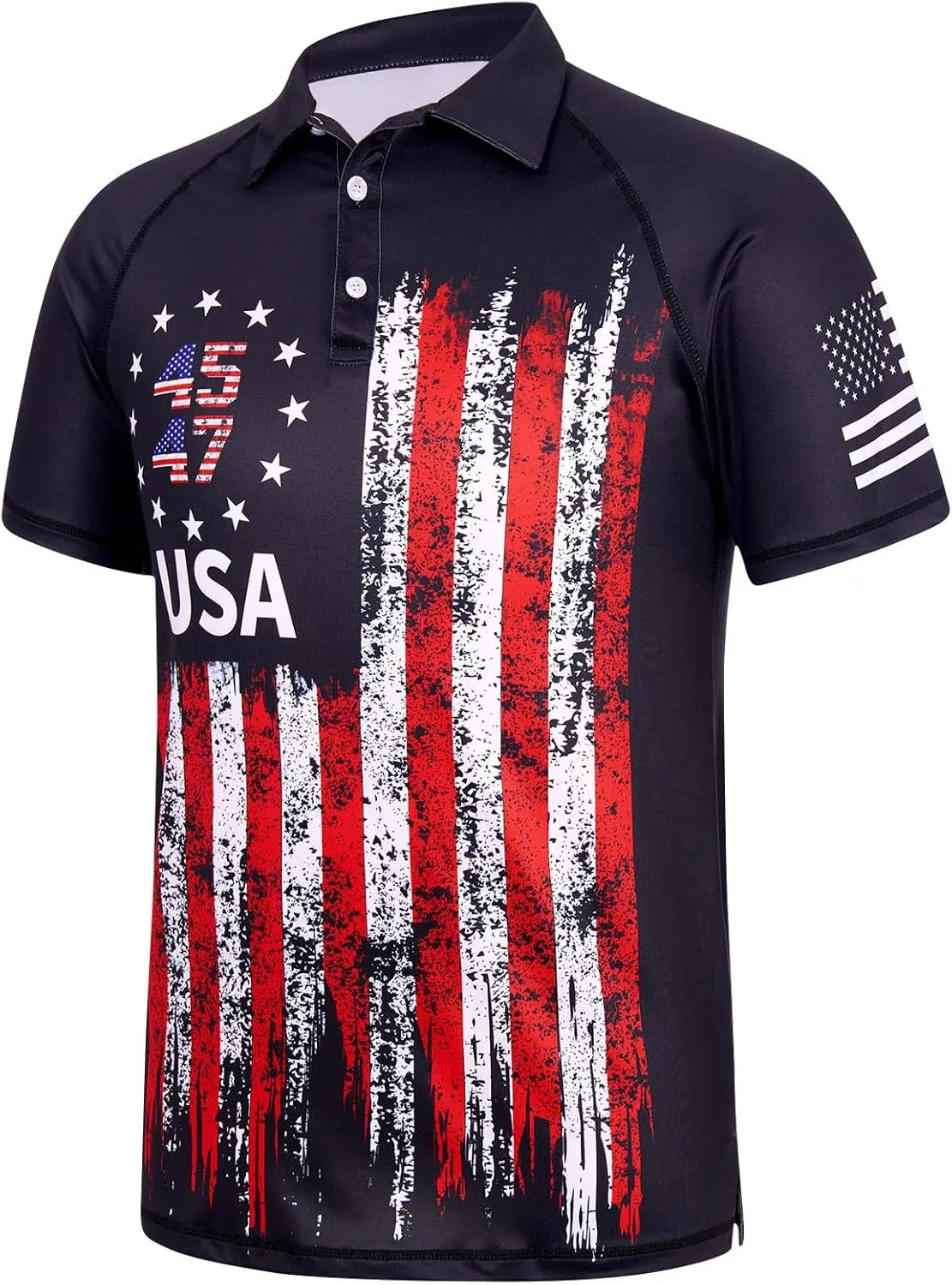 RAISEVERN Mens American Flag Print Golf Polo Shirt Patriotic Raglan Sleeve Tees