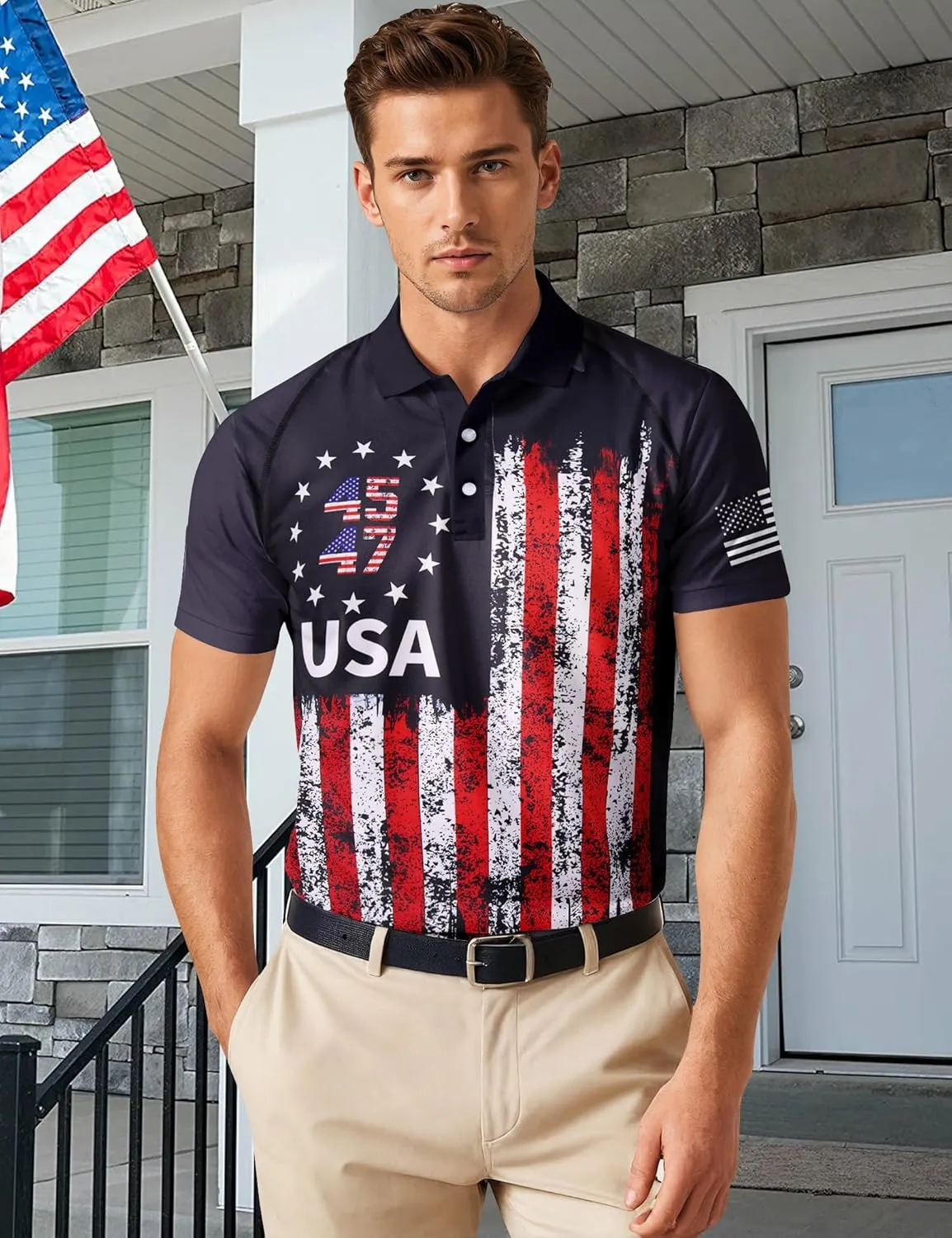 RAISEVERN Mens American Flag Print Golf Polo Shirt Patriotic Raglan Sleeve Tees